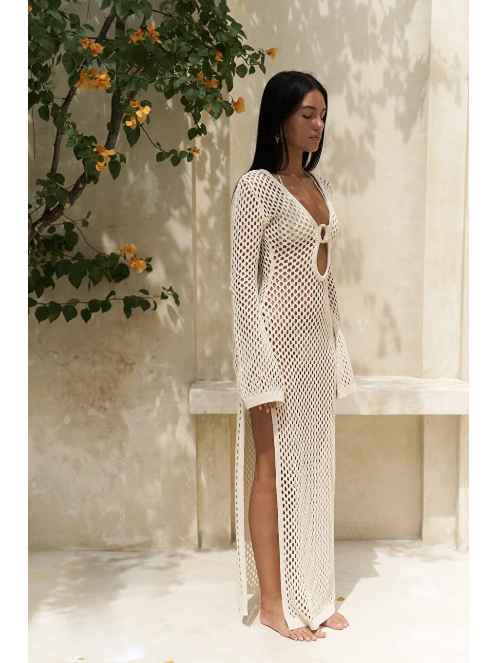 Seyşeller Ahşap Halka Detay Bej Triko Elbise-2