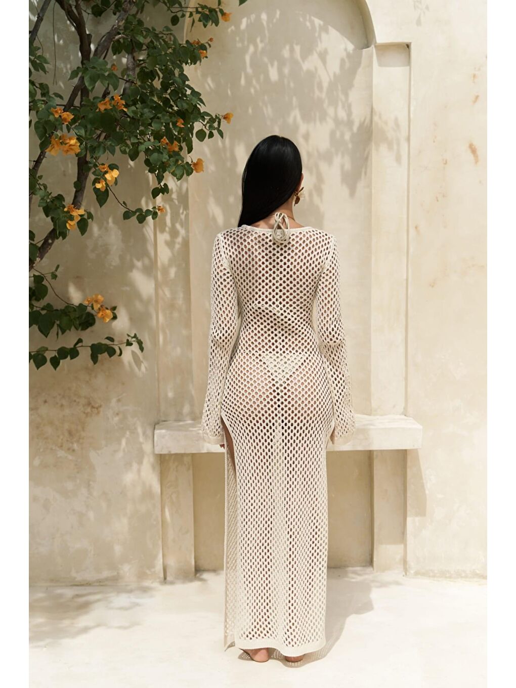 Seyşeller Ahşap Halka Detay Bej Triko Elbise-3