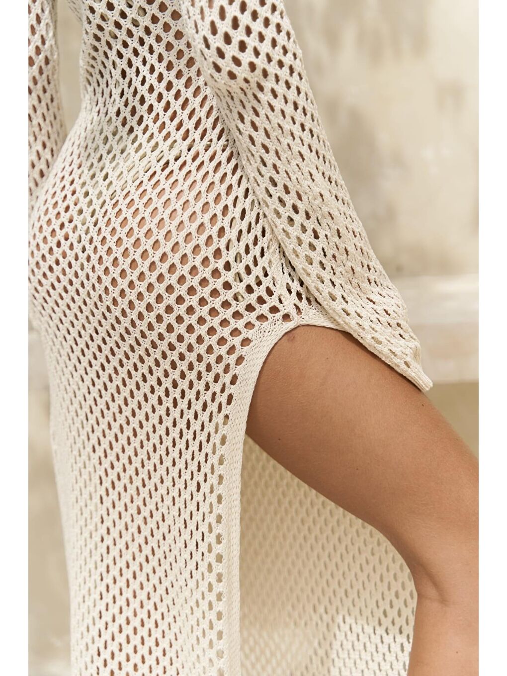 Seyşeller Ahşap Halka Detay Bej Triko Elbise-4