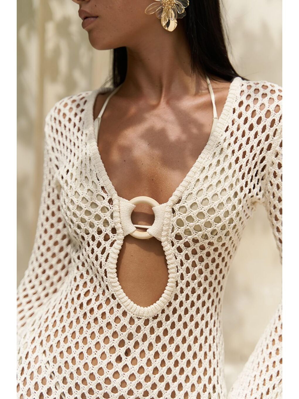 Seyşeller Ahşap Halka Detay Bej Triko Elbise-5