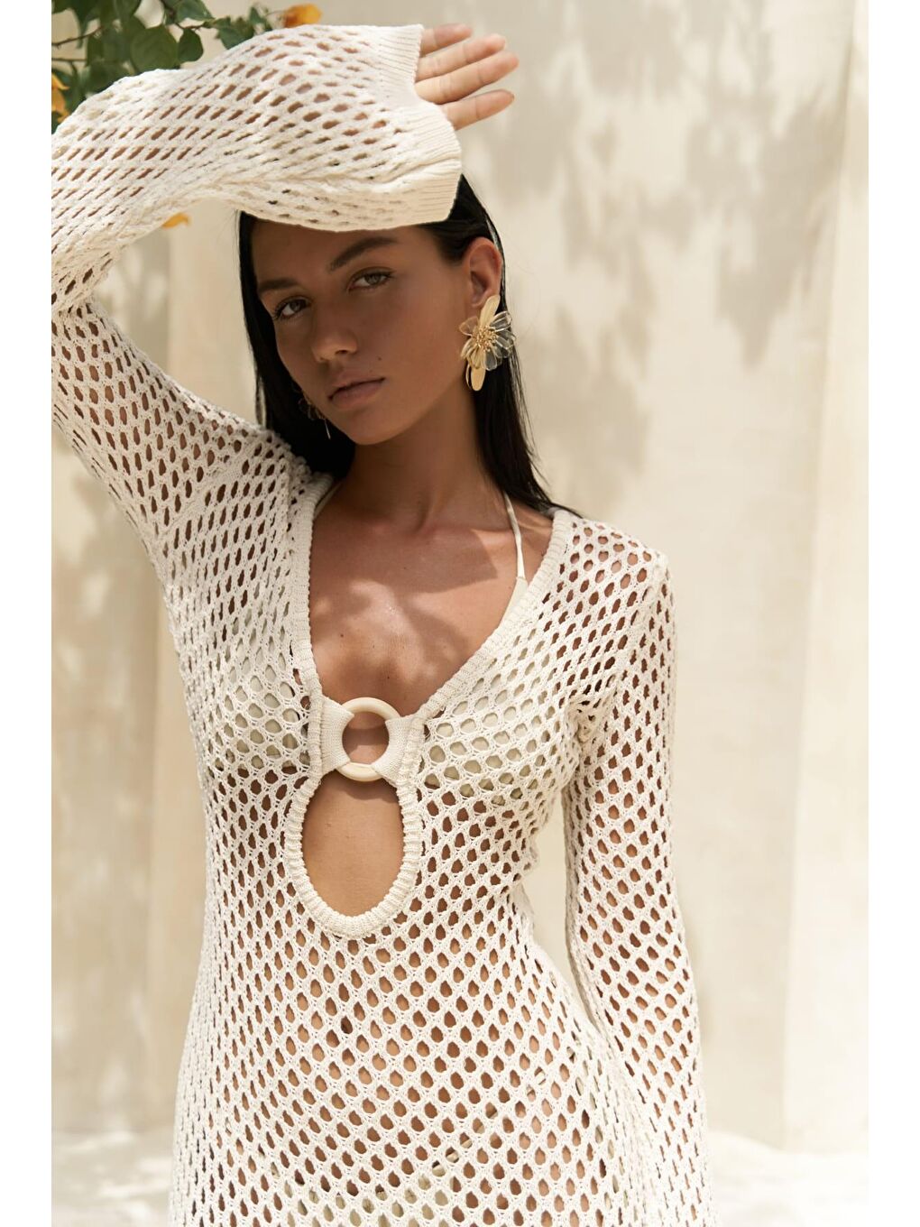Seyşeller Ahşap Halka Detay Bej Triko Elbise-6