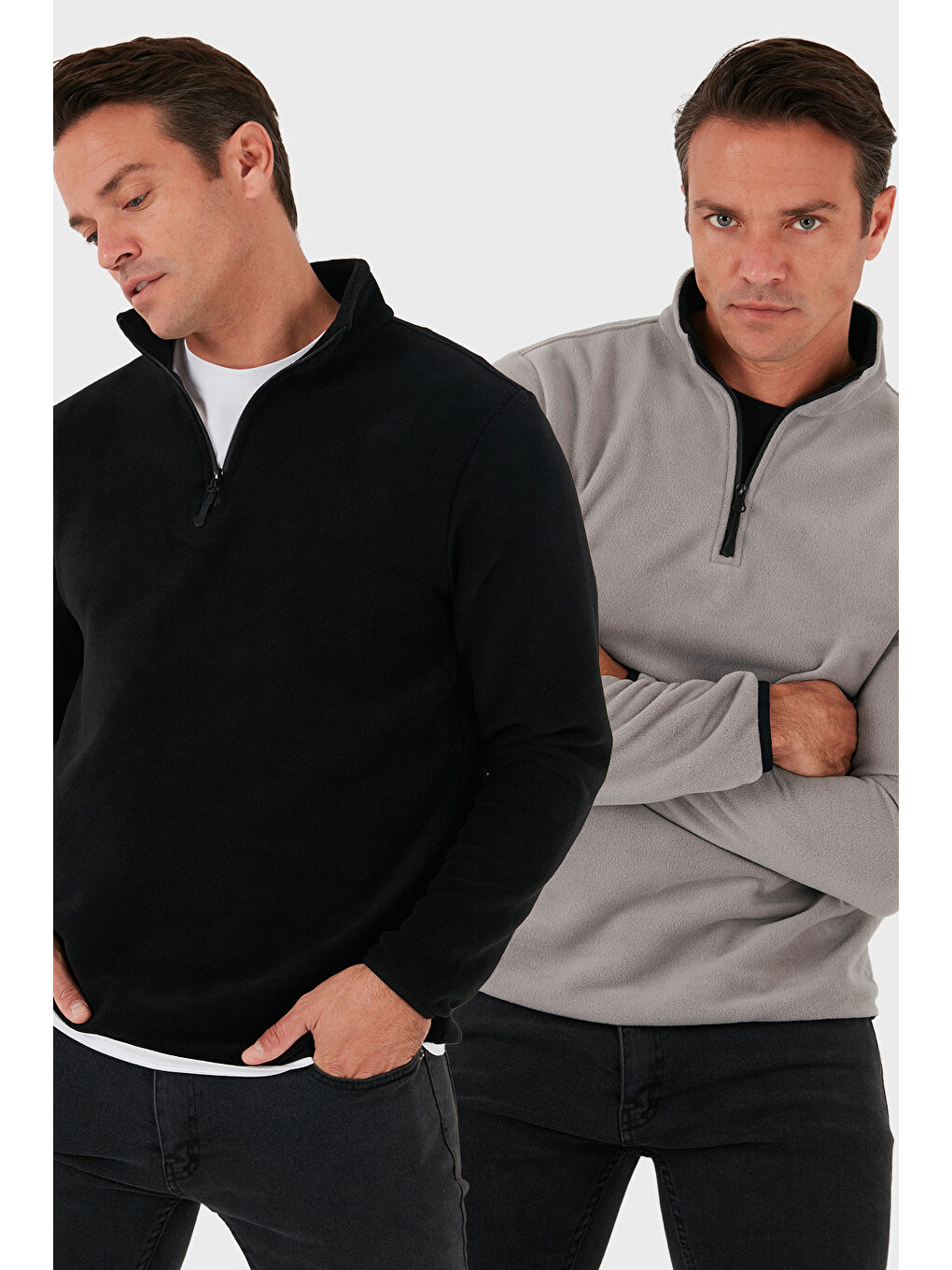 Gri Slim Fit Yarım Fermuarlı Dik Yaka 2'li Paket Polar 5906003S2