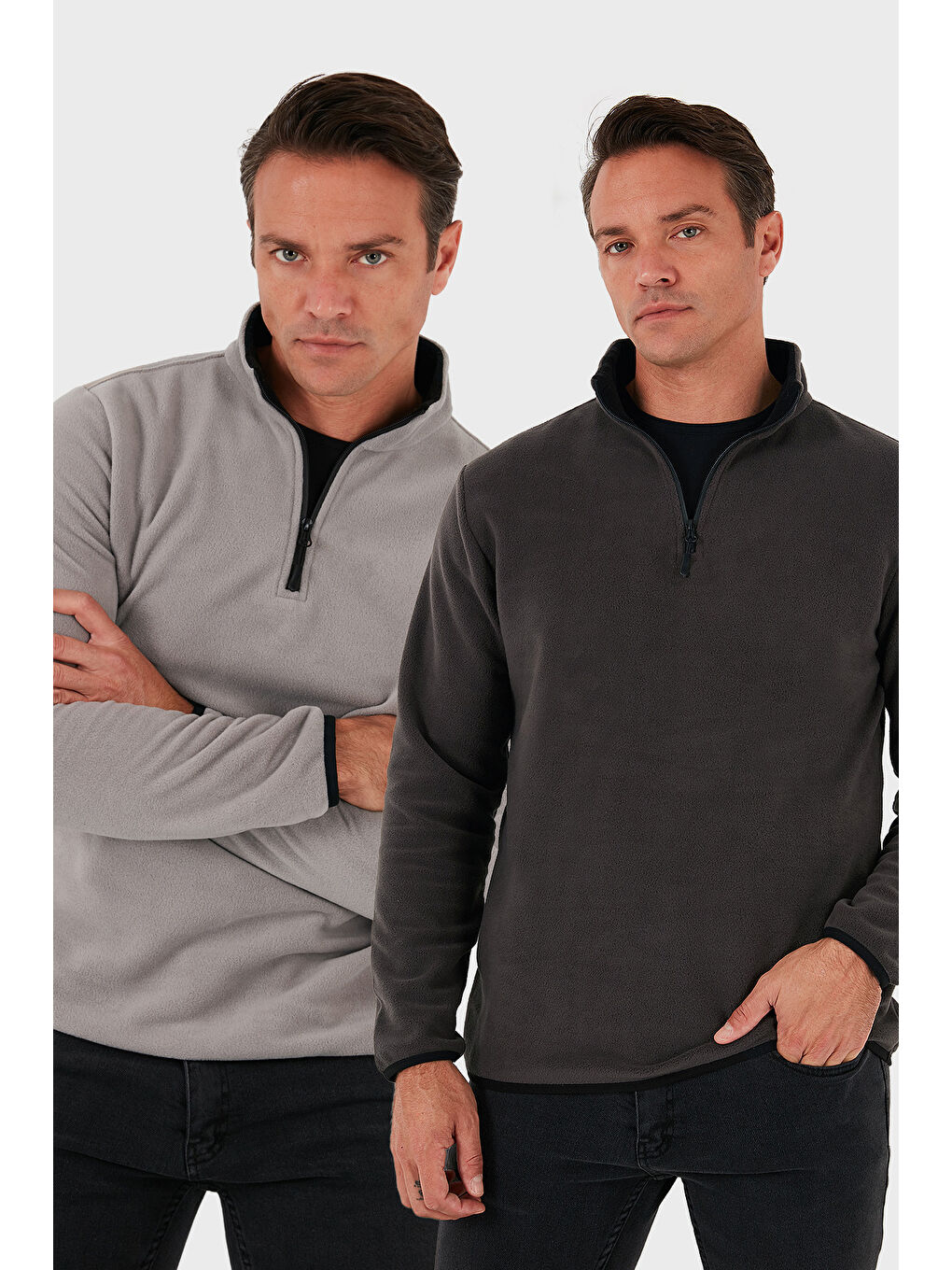 Gri Slim Fit Yarım Fermuarlı Dik Yaka 2'li Paket Polar 5906003S2