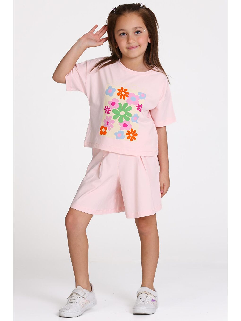 Pembe Pudra Flower Power Baskılı 3-7 Yaş Takım - 2510-4