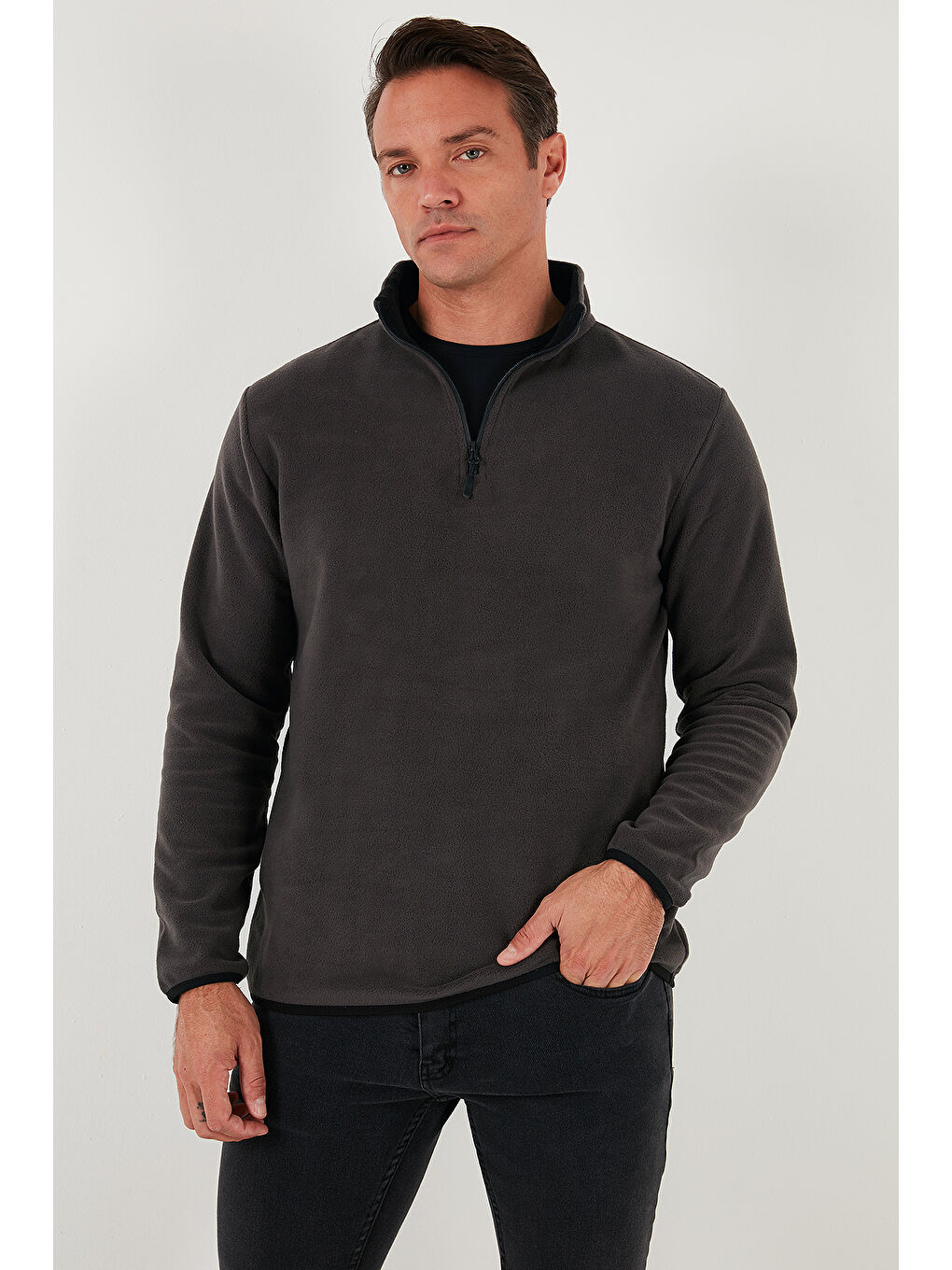 Gri Slim Fit Yarım Fermuarlı Dik Yaka 2'li Paket Polar 5906003S2-2