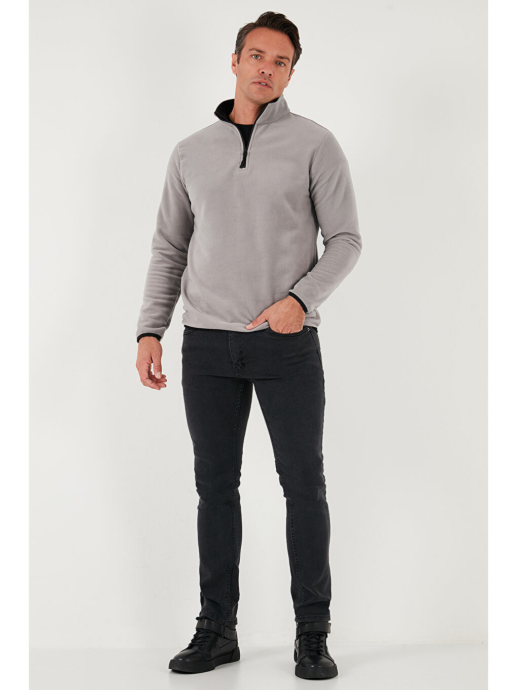 Gri Slim Fit Yarım Fermuarlı Dik Yaka 2'li Paket Polar 5906003S2-3