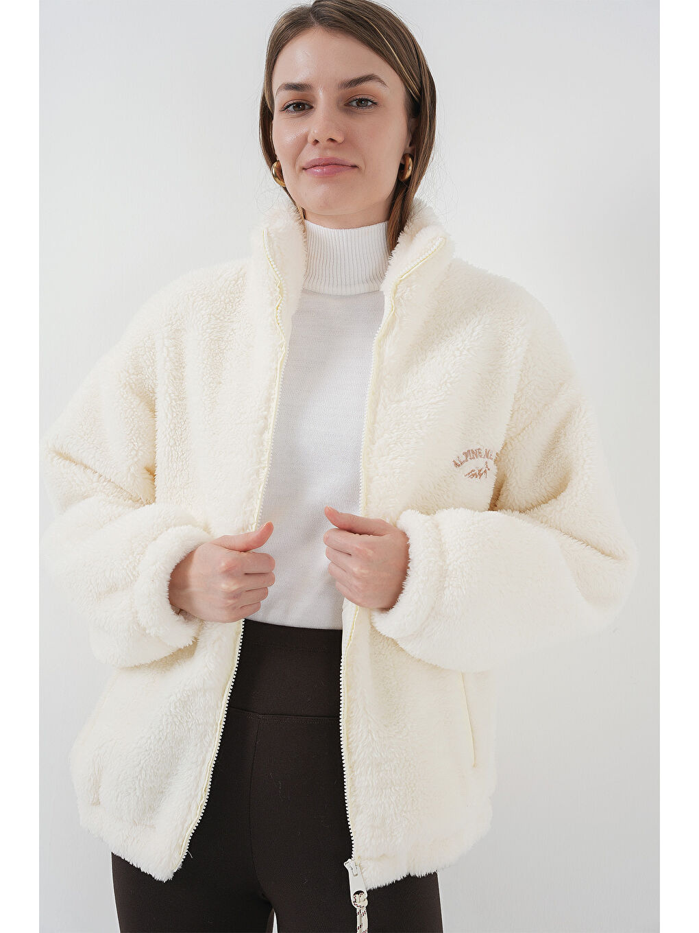 5212 Kadın Oversize Pelüş Ceket Mont   Ekru-1
