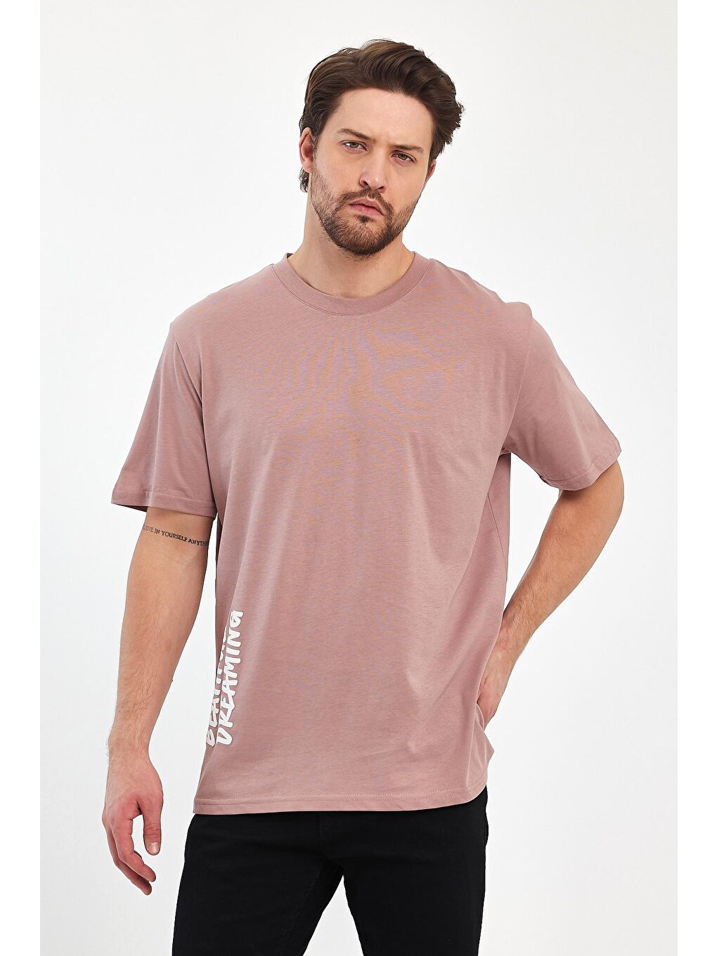 Pembe Arkası Baskılı Bisiklet Yaka Erkek Tişört 2750