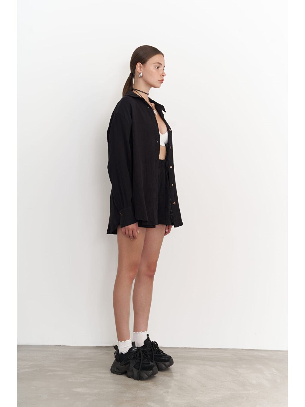 Lorissa Siyah Müslin Şortlu Takım-2