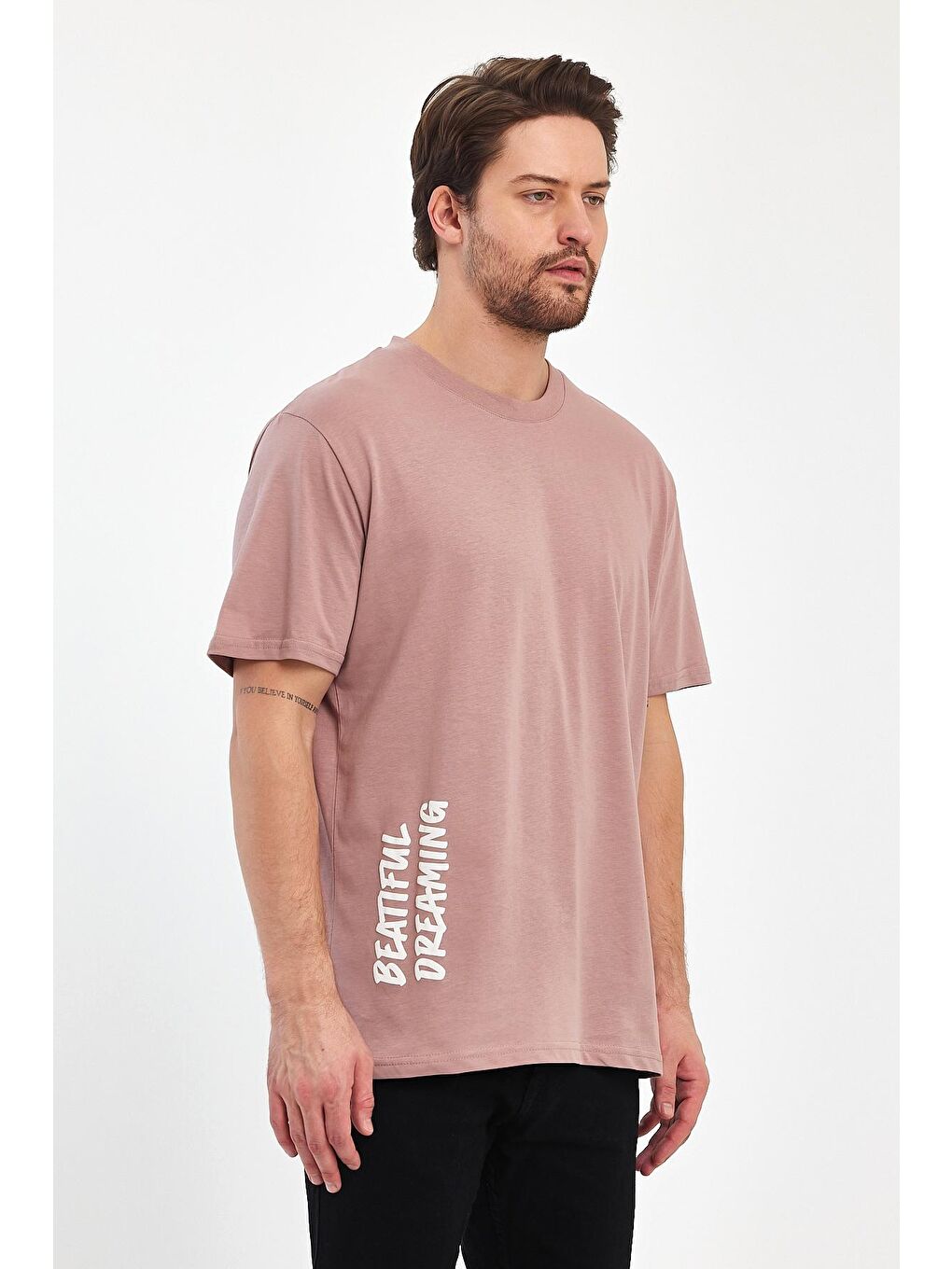 Pembe Arkası Baskılı Bisiklet Yaka Erkek Tişört 2750-1