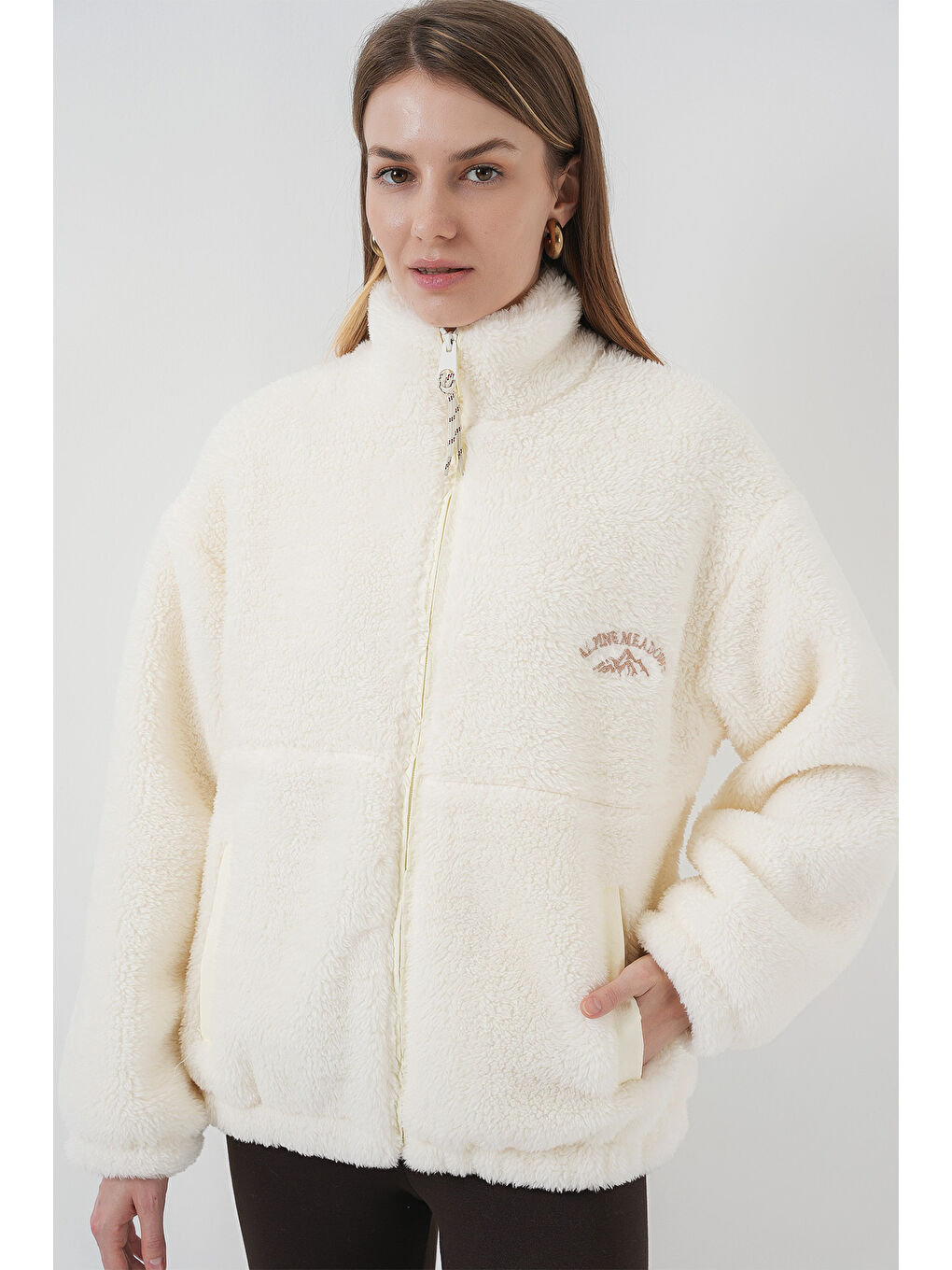 5212 Kadın Oversize Pelüş Ceket Mont   Ekru-4