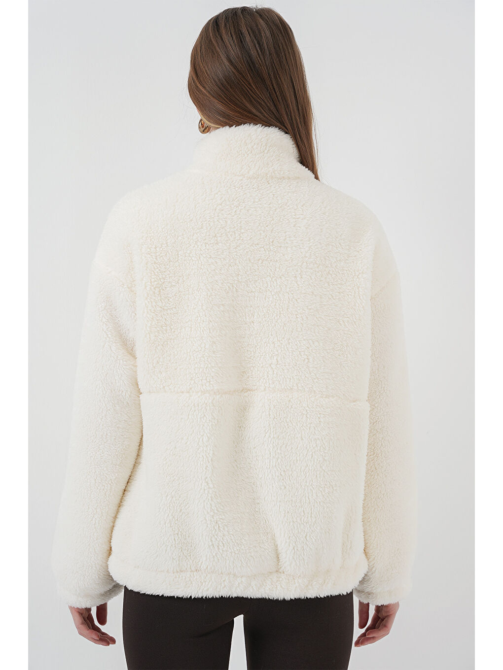 5212 Kadın Oversize Pelüş Ceket Mont   Ekru-6