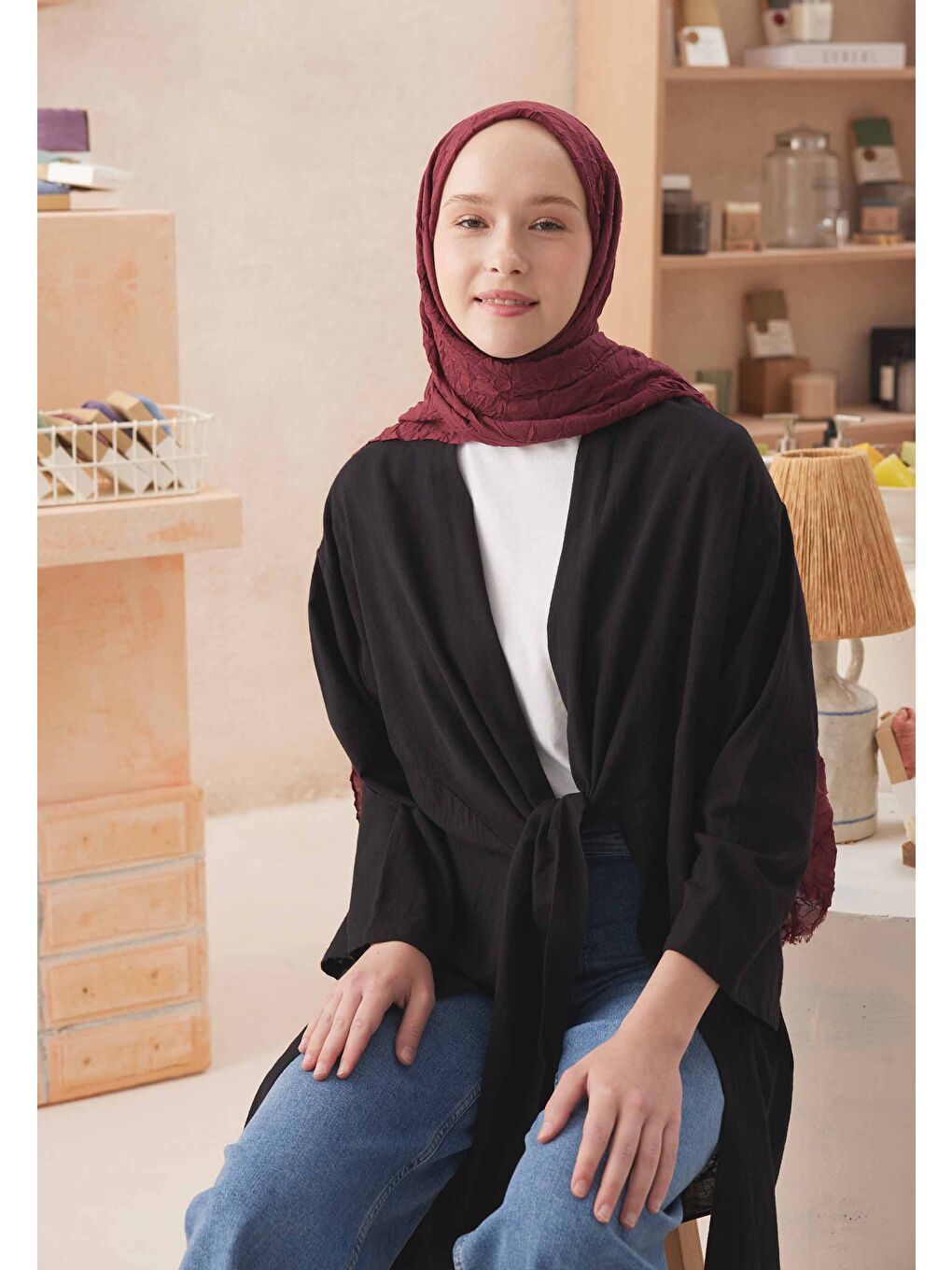 Kırmızı Vual Crash Şal Vişne-1