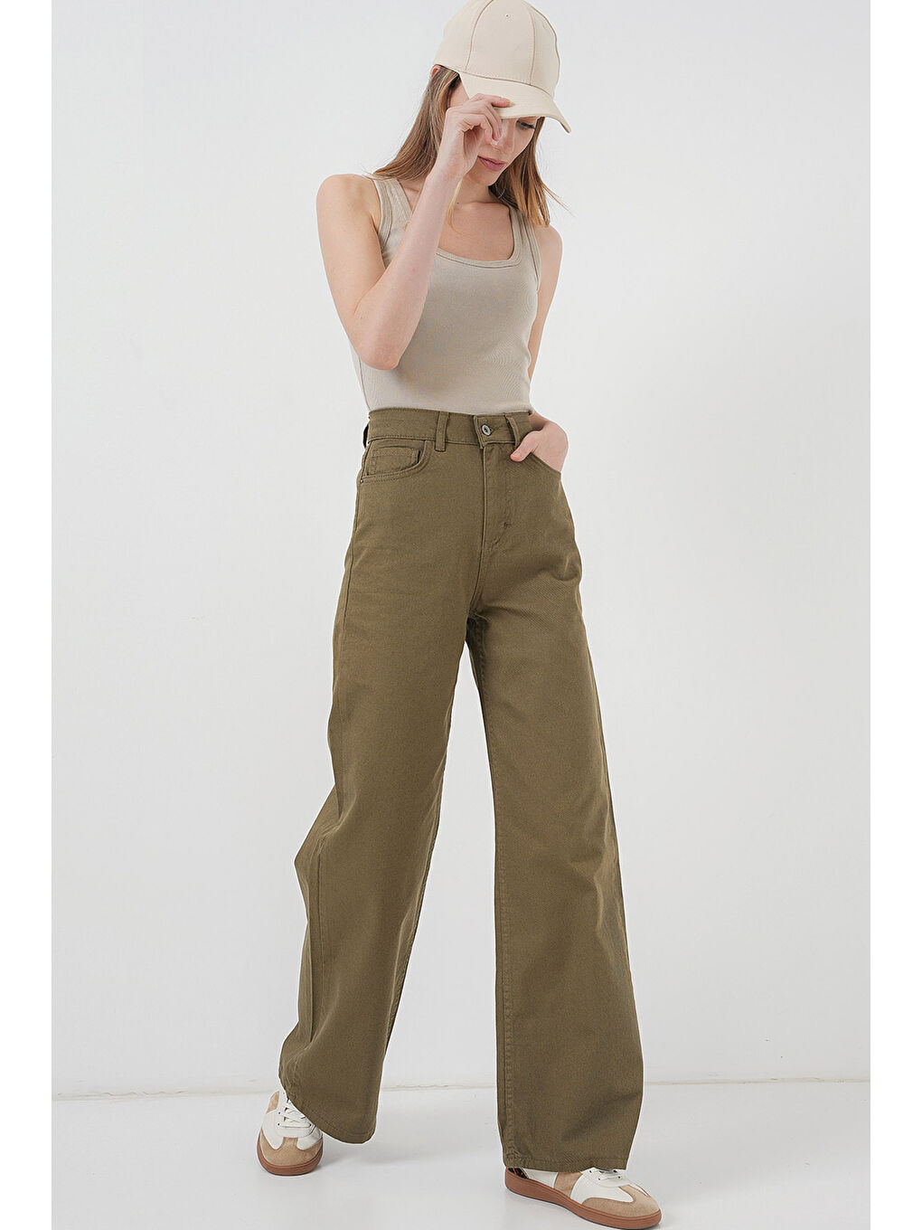 Haki Kadın Bol Paça Yüksek Bel Palazzo Pantolon