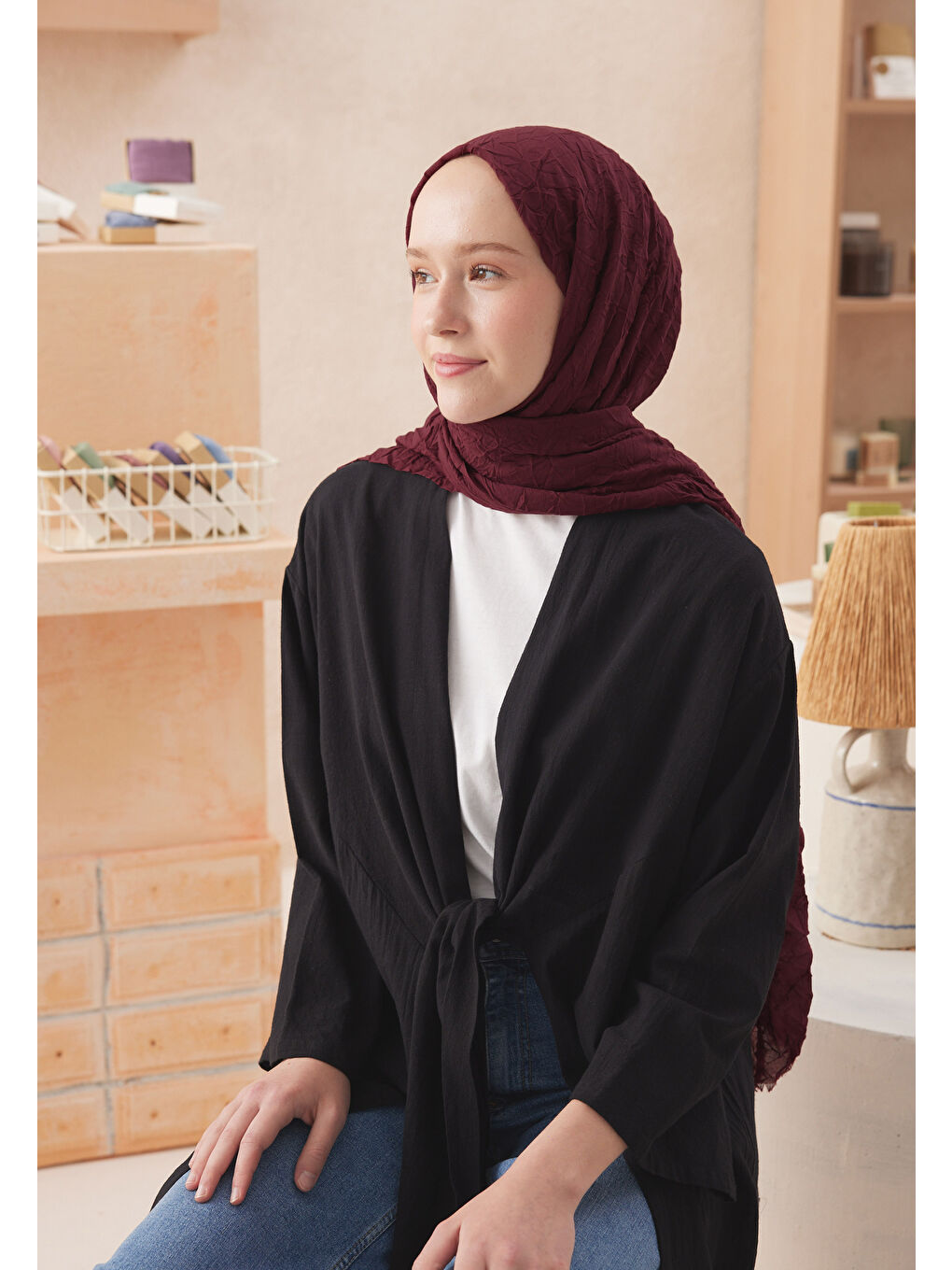 Kırmızı Vual Crash Şal Vişne-2