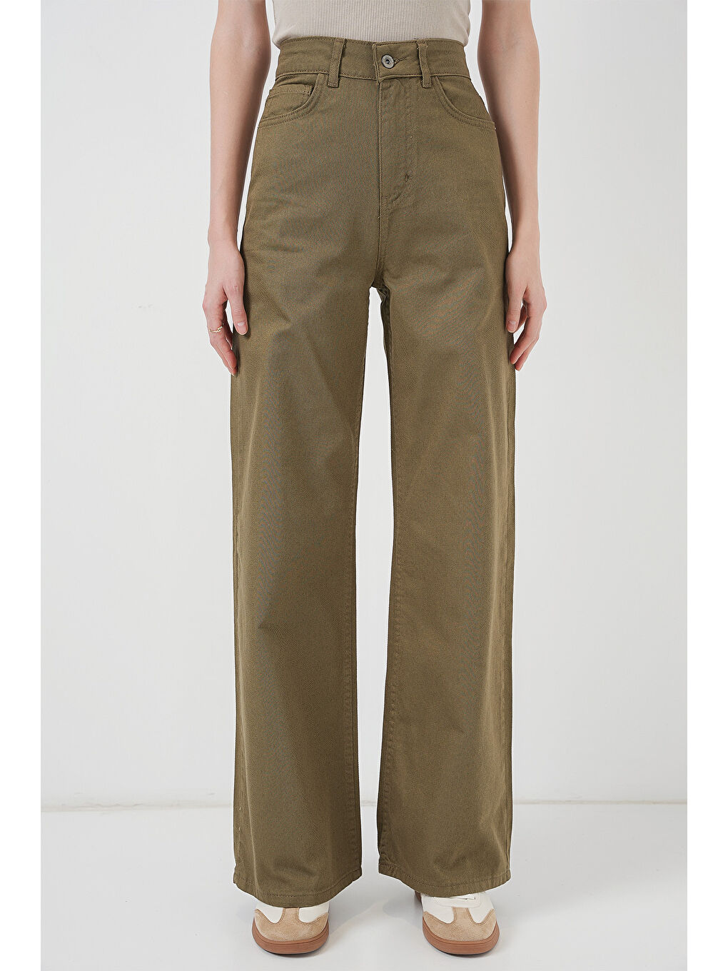 Haki Kadın Bol Paça Yüksek Bel Palazzo Pantolon-1