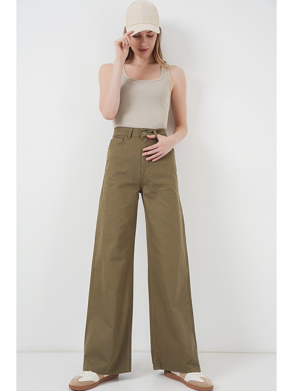 Haki Kadın Bol Paça Yüksek Bel Palazzo Pantolon-2