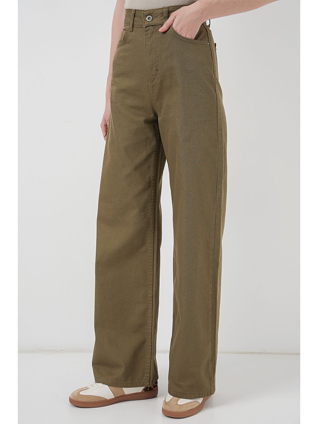 Haki Kadın Bol Paça Yüksek Bel Palazzo Pantolon-3