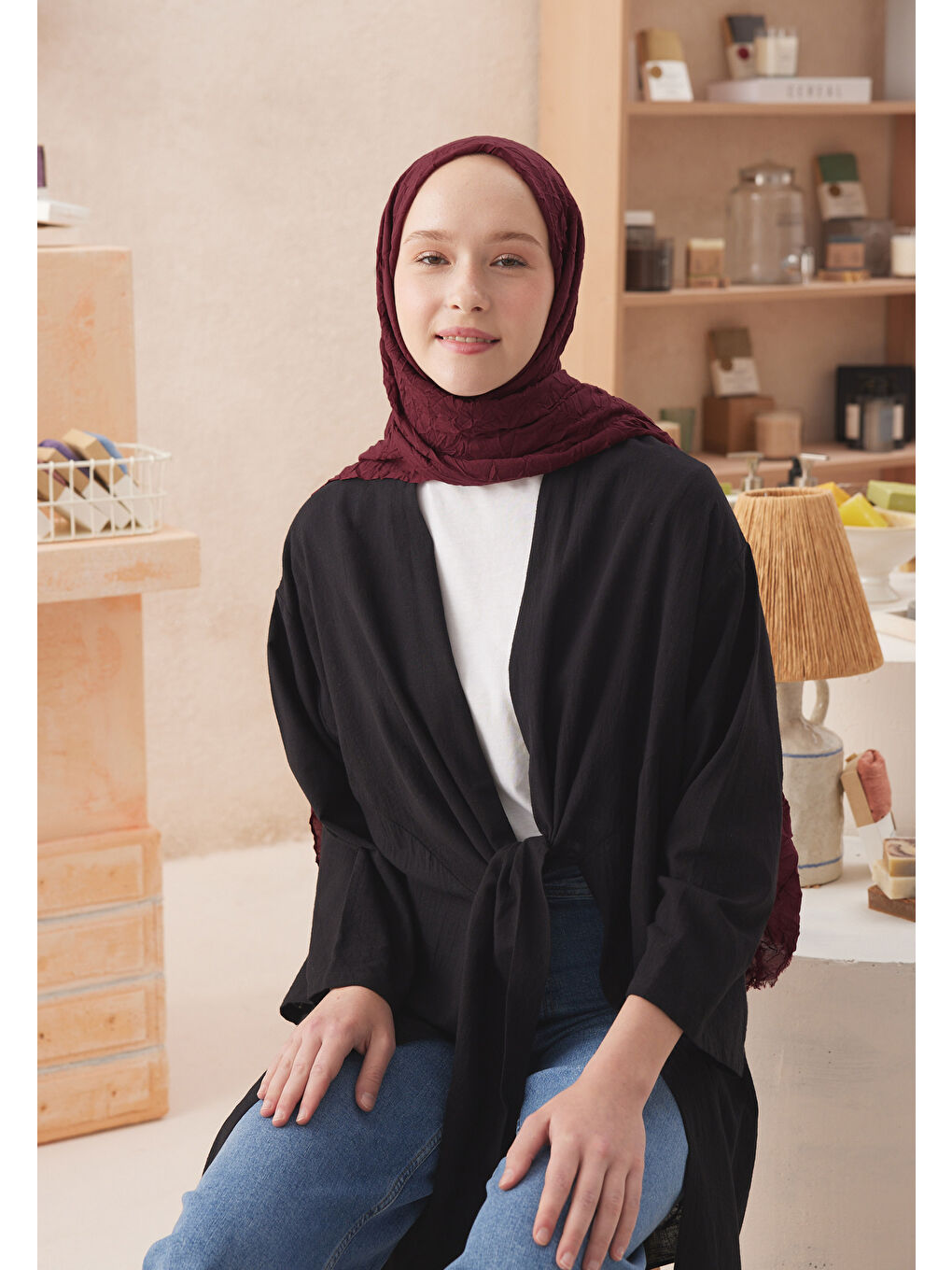 Kırmızı Vual Crash Şal Vişne-4