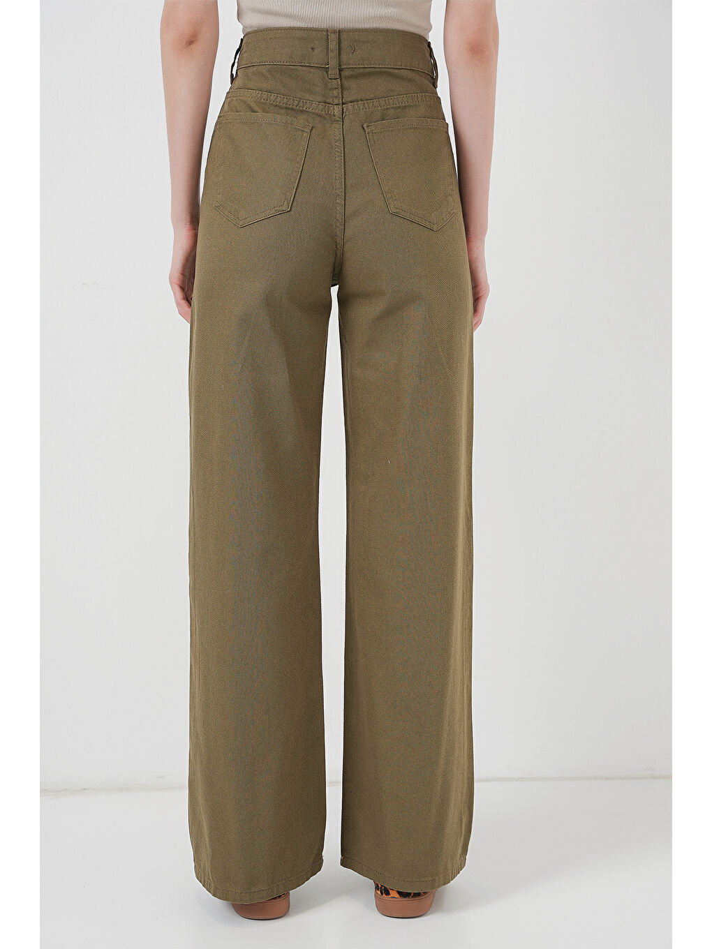 Haki Kadın Bol Paça Yüksek Bel Palazzo Pantolon-5