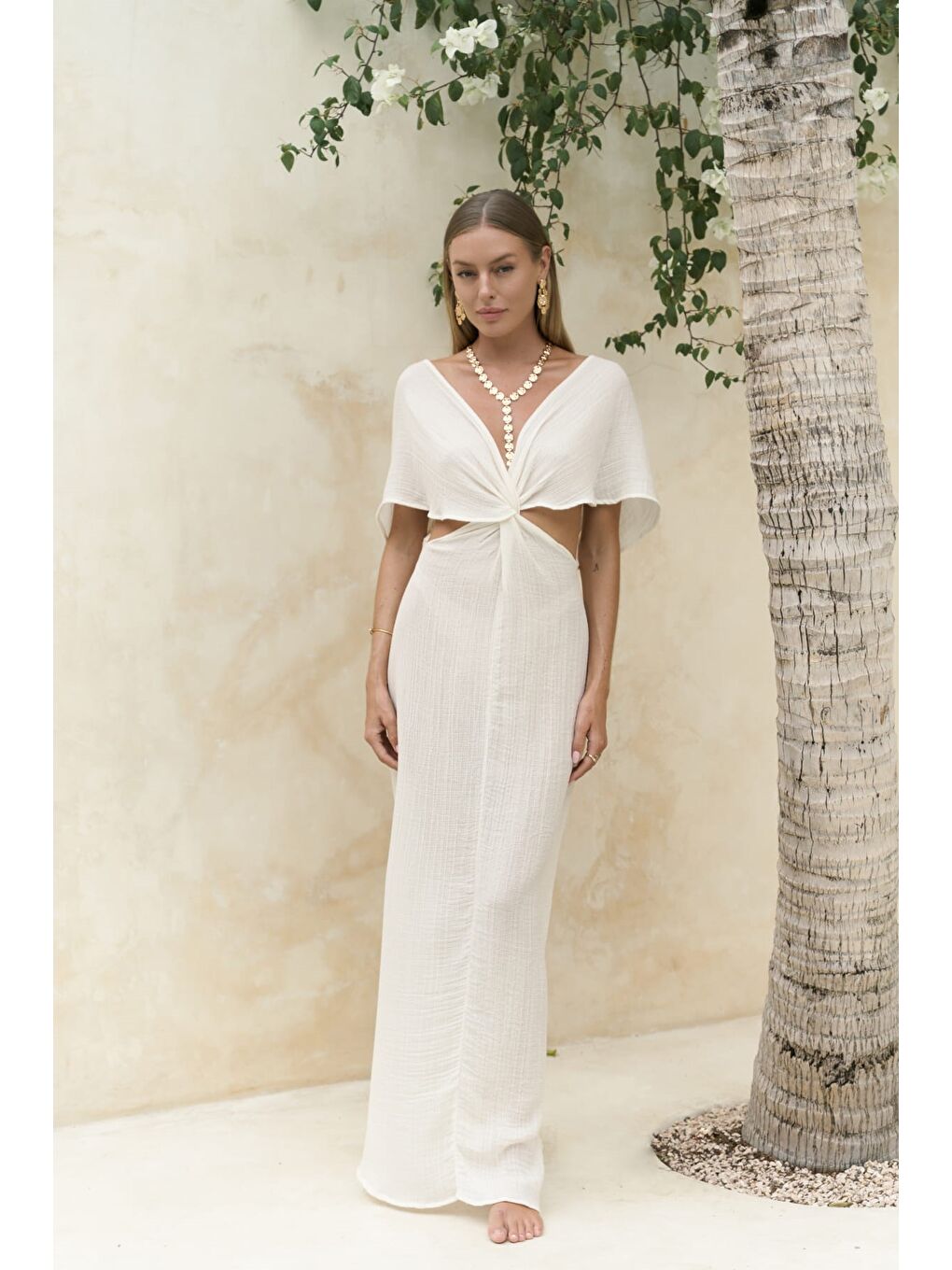 Fremen Ön Çapraz Detaylı Ekru Elbise-1