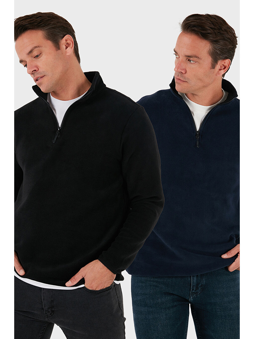 Lacivert Slim Fit Yarım Fermuarlı Dik Yaka 2'li Paket Polar 5906003S2