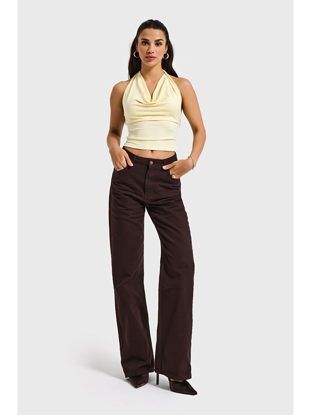 Kahverengi Kadın Koyu Kahve Doris 7s6-81 Straight Fit Yüksek Bel %100 Pamuk Denim Jean