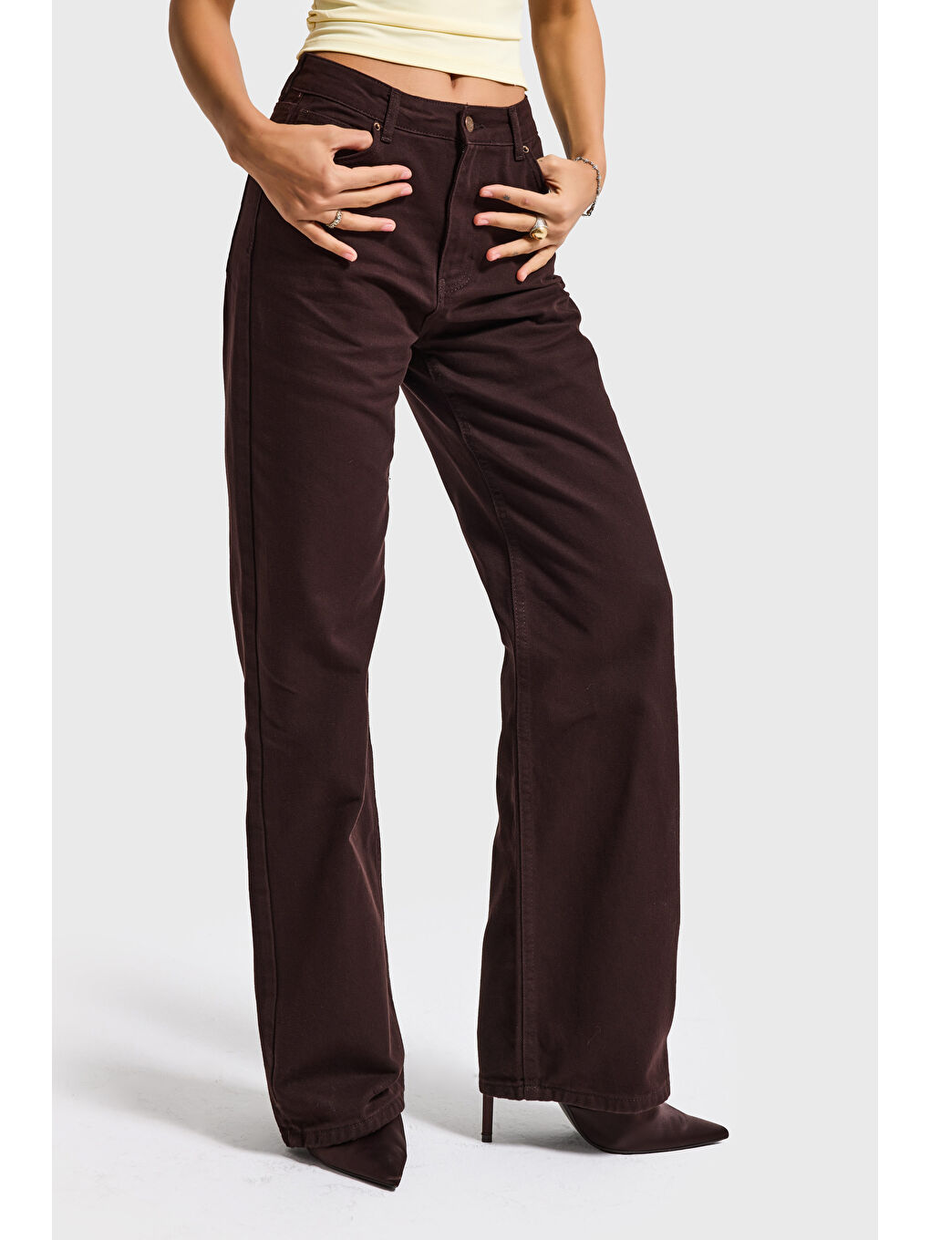 Kahverengi Kadın Koyu Kahve Doris 7s6-81 Straight Fit Yüksek Bel %100 Pamuk Denim Jean-1