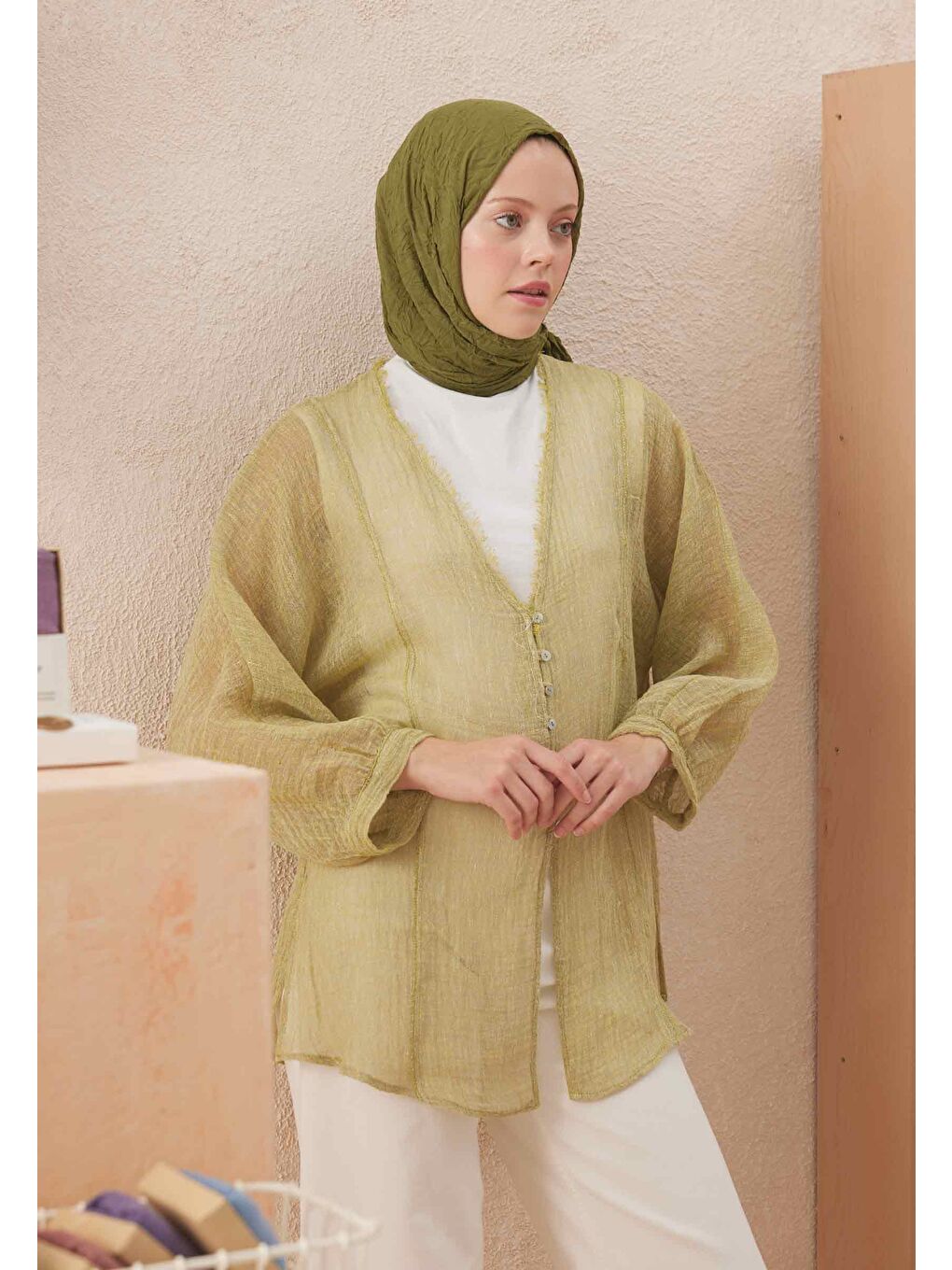 Yeşil Vual Crash Şal Zeytin