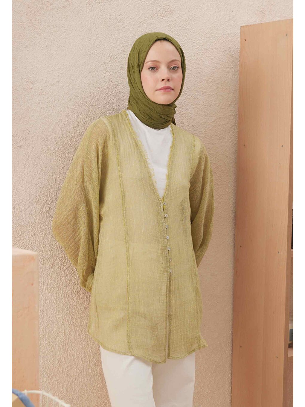 Yeşil Vual Crash Şal Zeytin-1