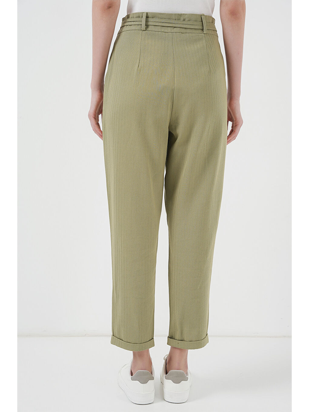 6660 Kemerli Keten Pantolon - Haki-5