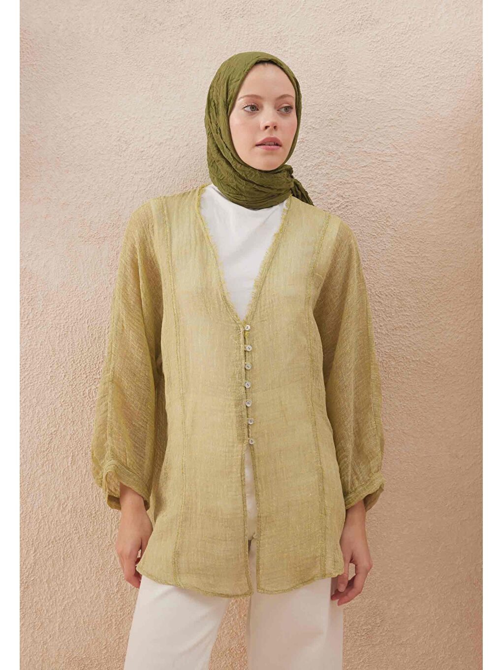 Yeşil Vual Crash Şal Zeytin-2