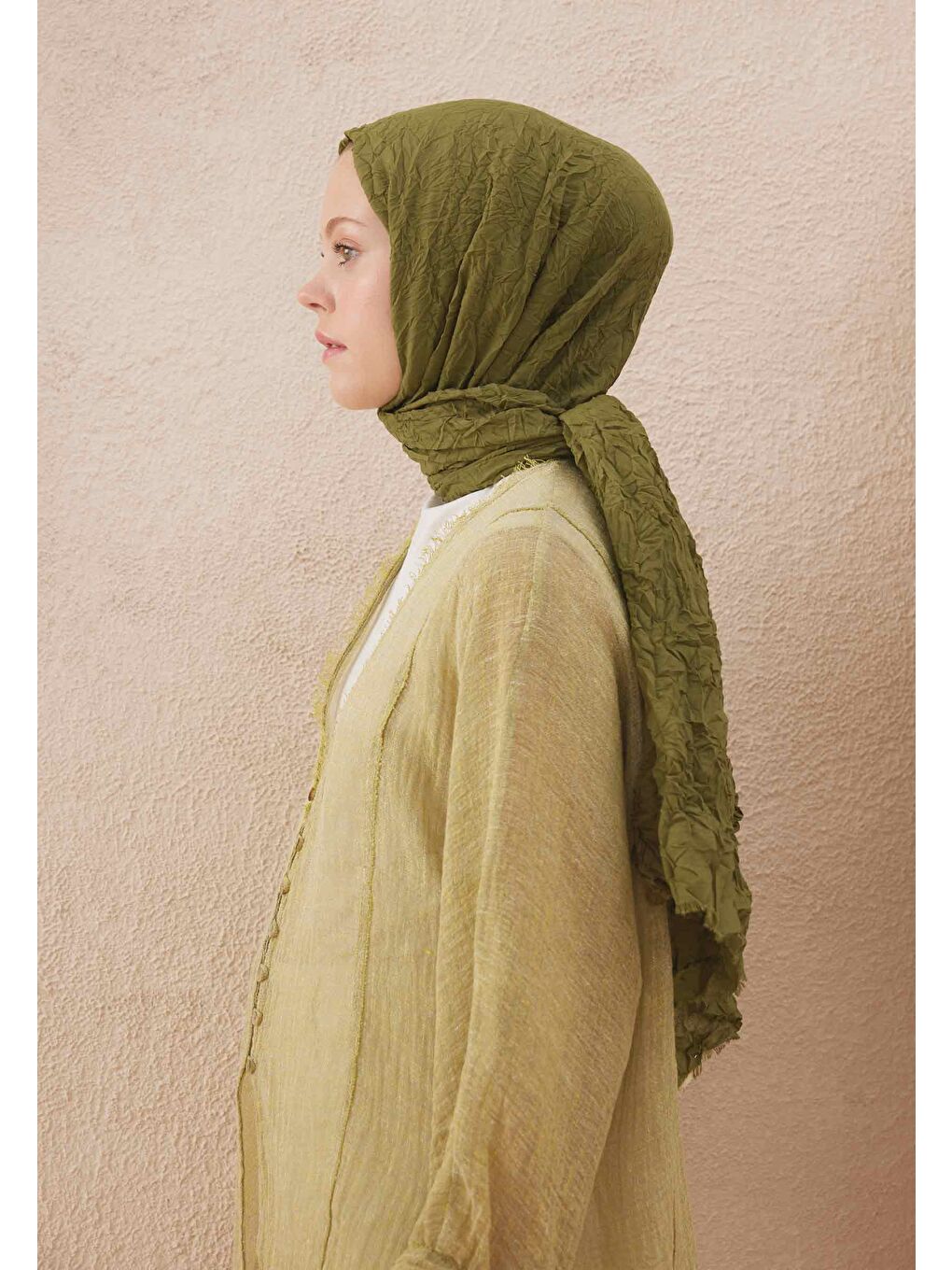 Yeşil Vual Crash Şal Zeytin-3