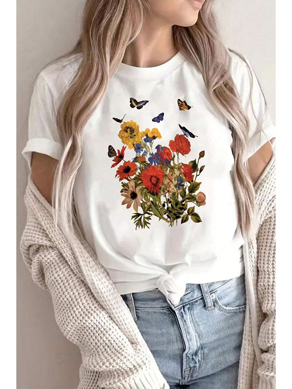 uyguntarz Beyaz Unisex Flowers Baskılı Oversize Tshirt