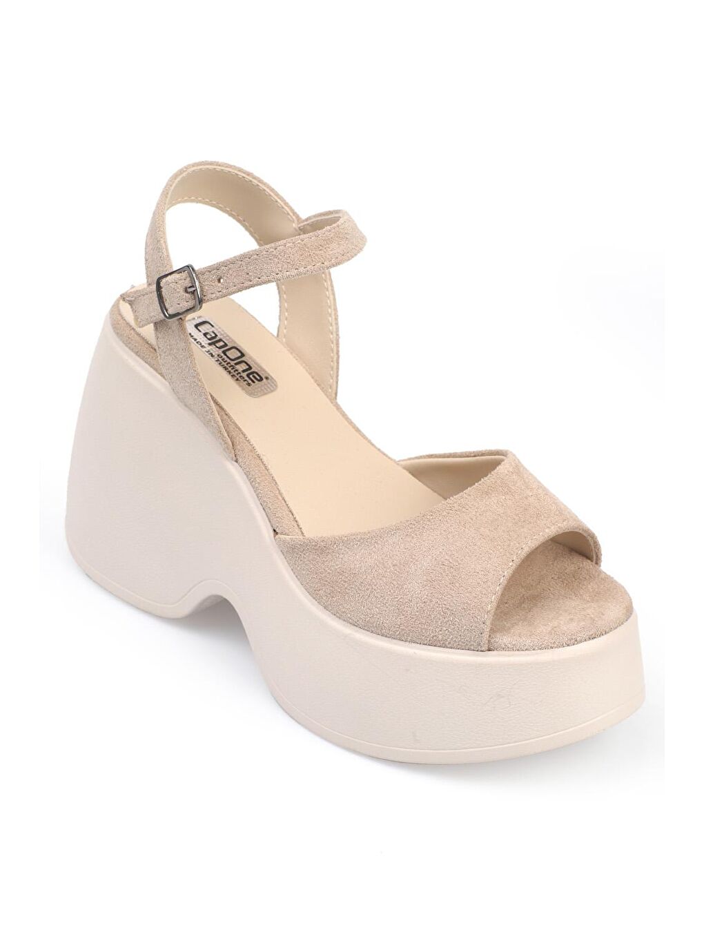 Bej Yüksek Dolgu Topuk Bilekten Bantlı Kadın Sandalet-1