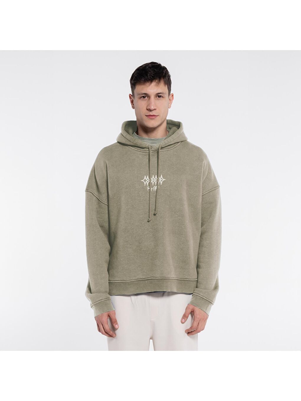 Friday Offset Açık Gri Velo Erkek Açık Gri Kapüşonlu Ekstra Oversize Sweatshirt Hoodie - Yıkama Efektli 3 İplik Kumaş