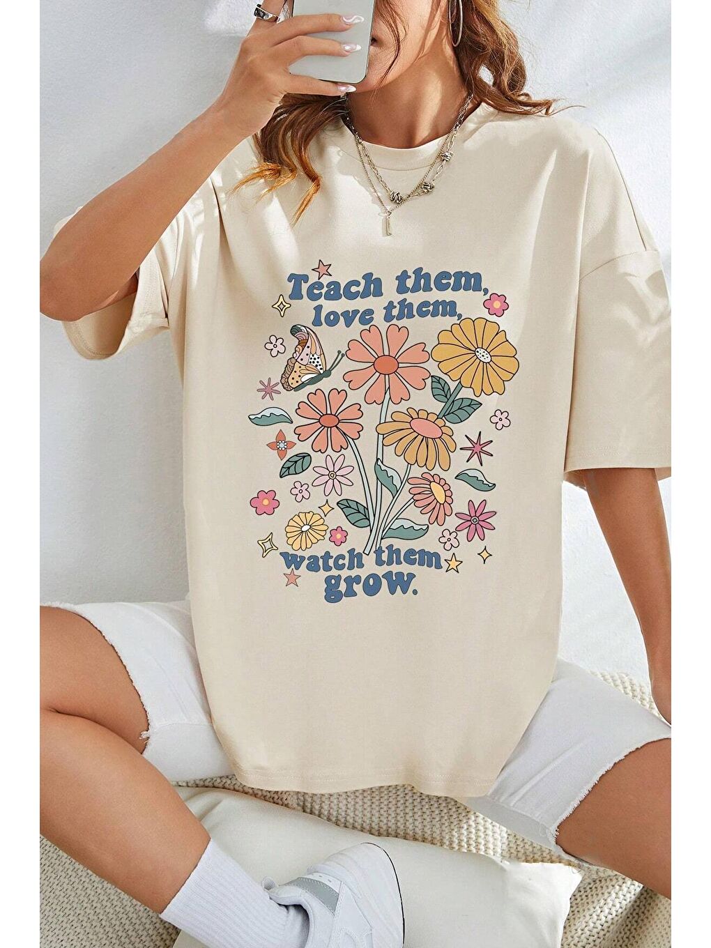 uyguntarz Bej Unisex Flowers Baskılı Oversize Tshirt - 1