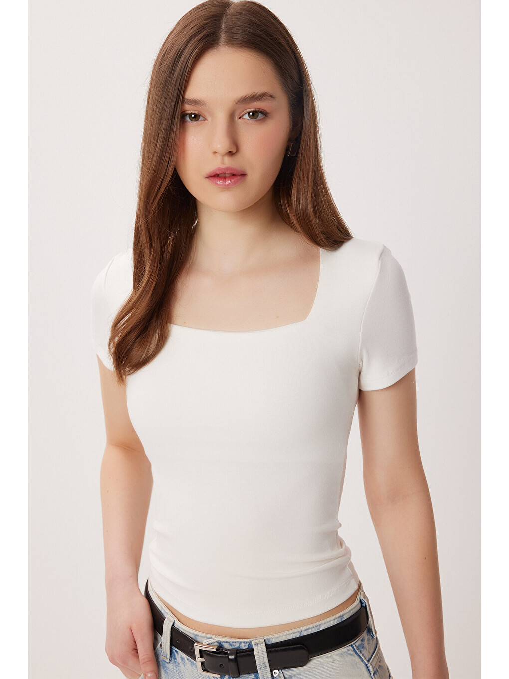 Beyaz Kare Yaka Basic Örme T-shirt Kemik Ldz0060-2