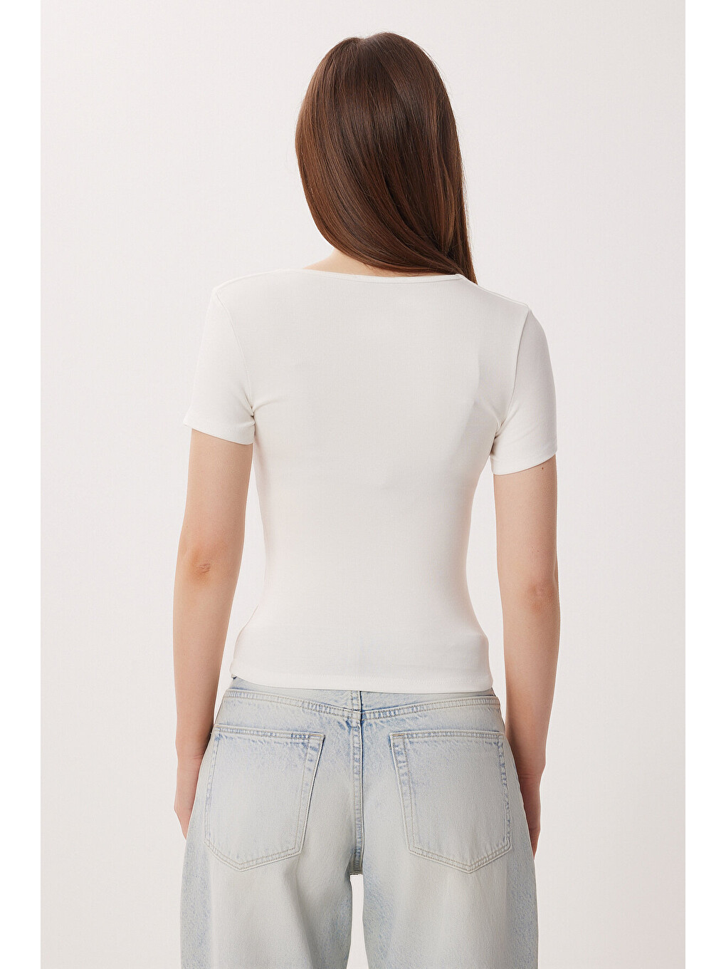 Beyaz Kare Yaka Basic Örme T-shirt Kemik Ldz0060-4