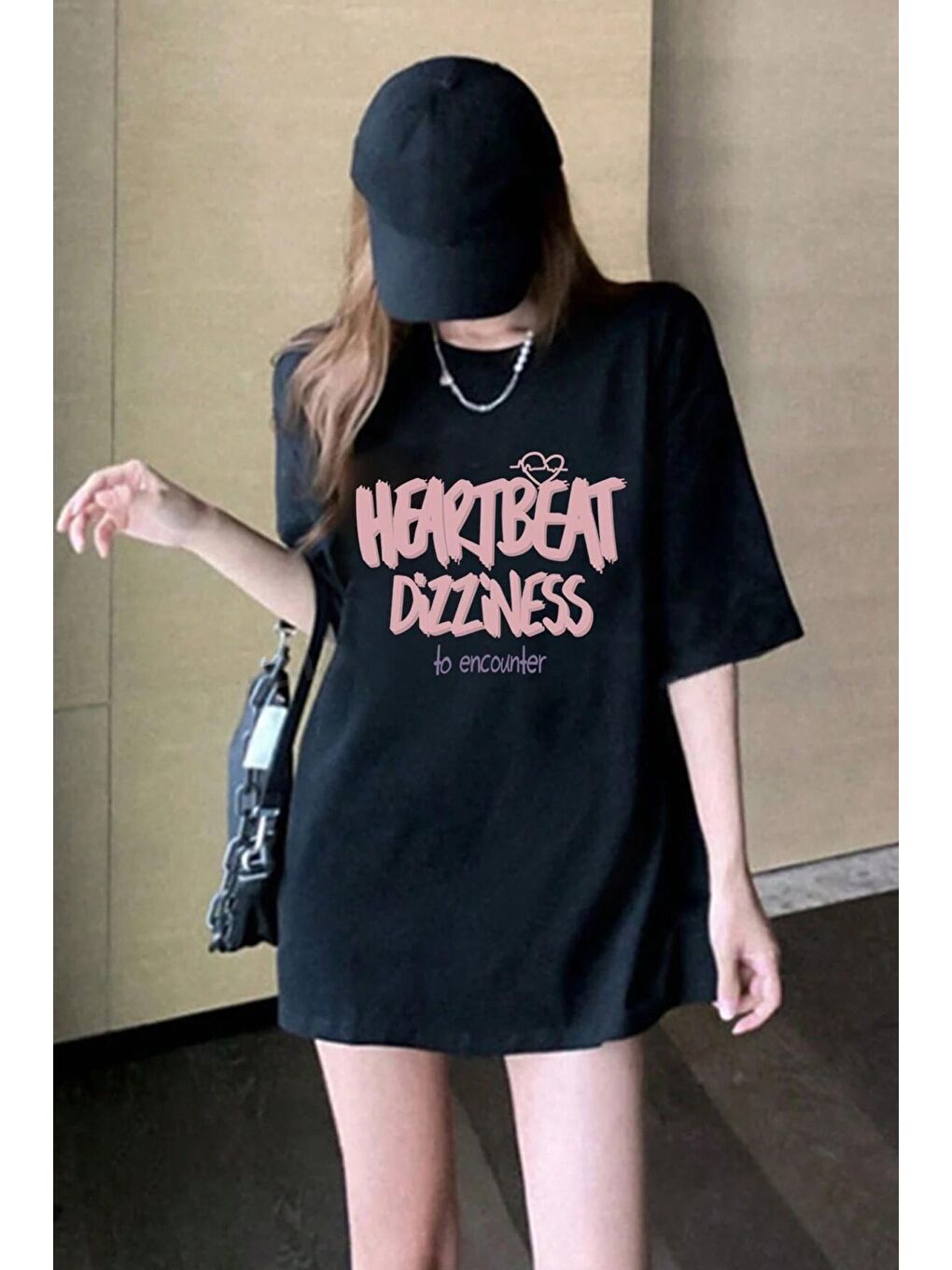 uyguntarz Siyah Unisex Heart Beat Baskılı Oversize Tshirt