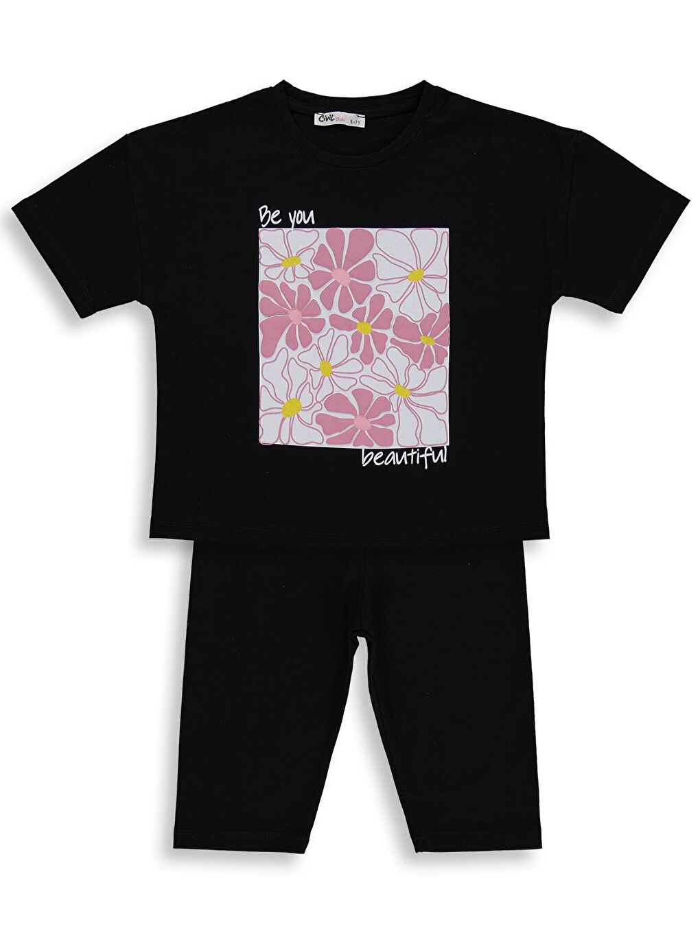 Girls Renkli Çiçek Baskılı 6-9 Yaş Takım - Siyah