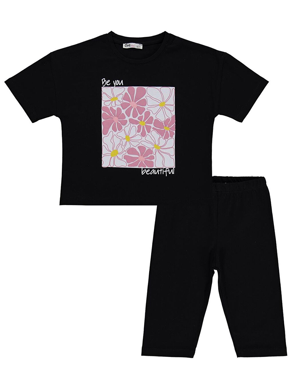 Girls Renkli Çiçek Baskılı 6-9 Yaş Takım - Siyah-1