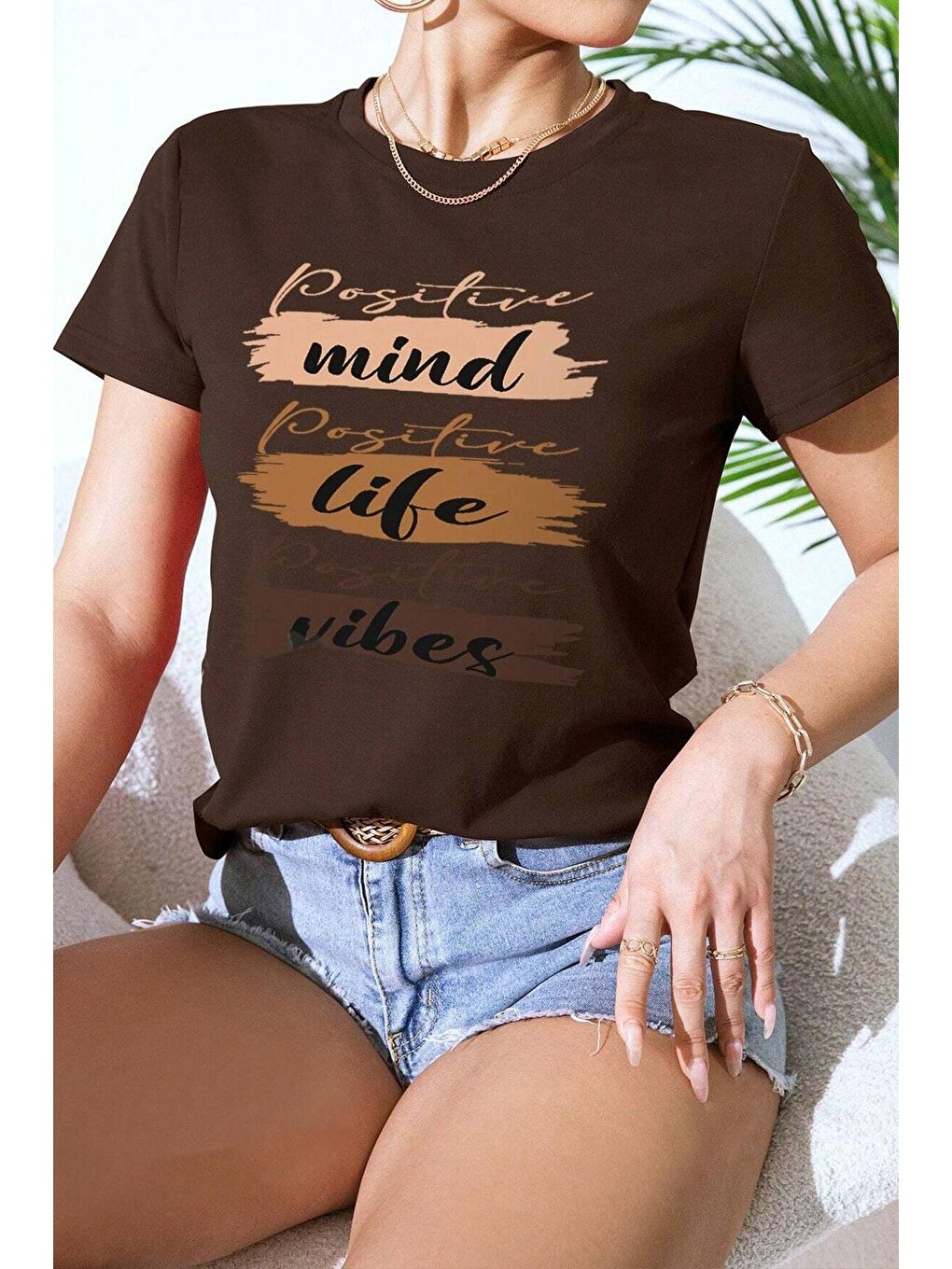 uyguntarz Kahverengi Unisex Mind Life Vibes Baskılı Oversize Tshirt - 1