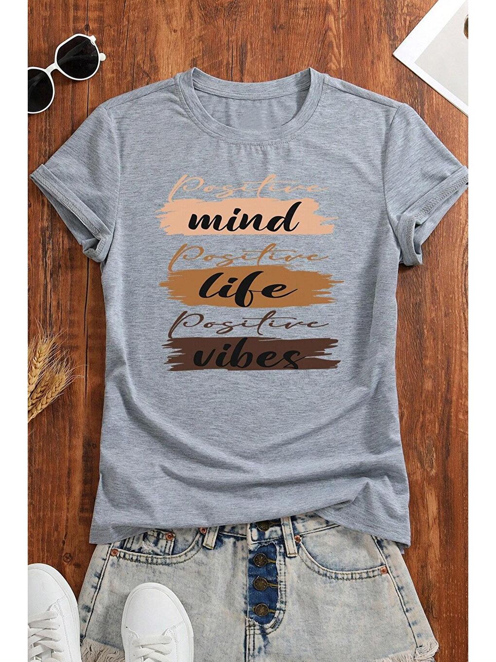 uyguntarz Gri Unisex Mind Life Vibes Baskılı Oversize Tshirt