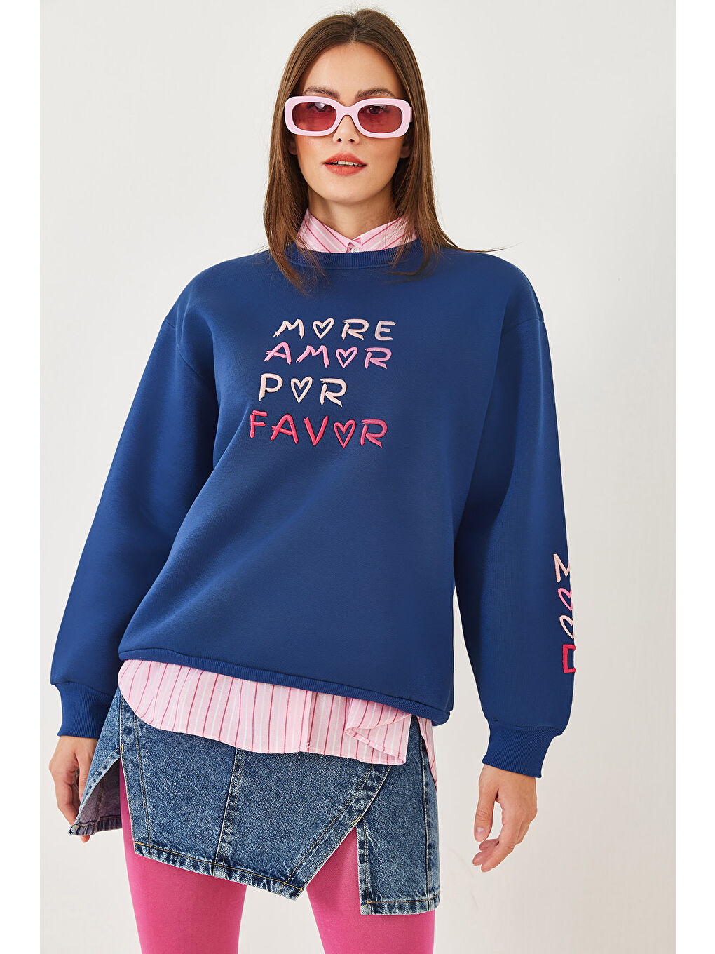 SHADE Lacivert Kadın Kalp ve Yazı Nakışlı Sweatshirt