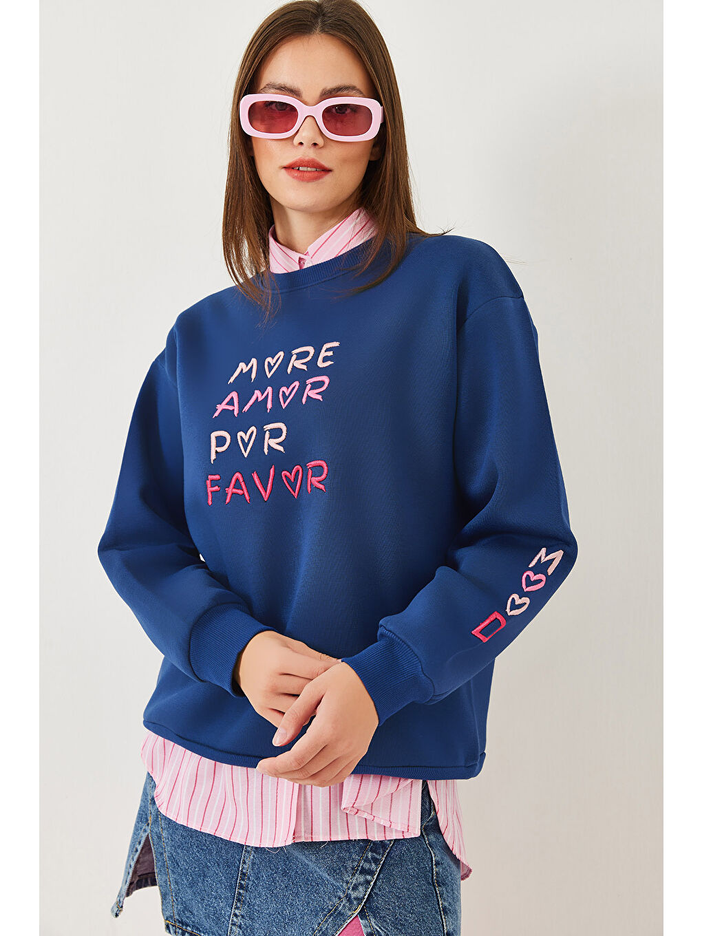 SHADE Lacivert Kadın Kalp ve Yazı Nakışlı Sweatshirt - 1