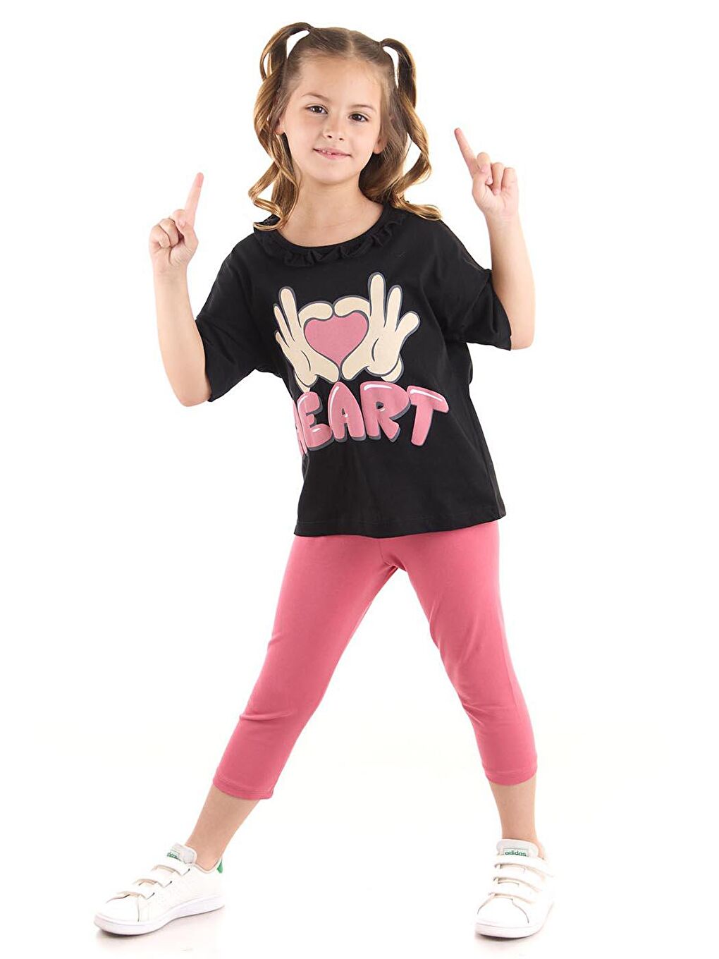 Siyah Kız Çocuk Takım Heart Baskılı Çocuk Taytlı Alt Üst Takım Trend Pamuklu Ak2518