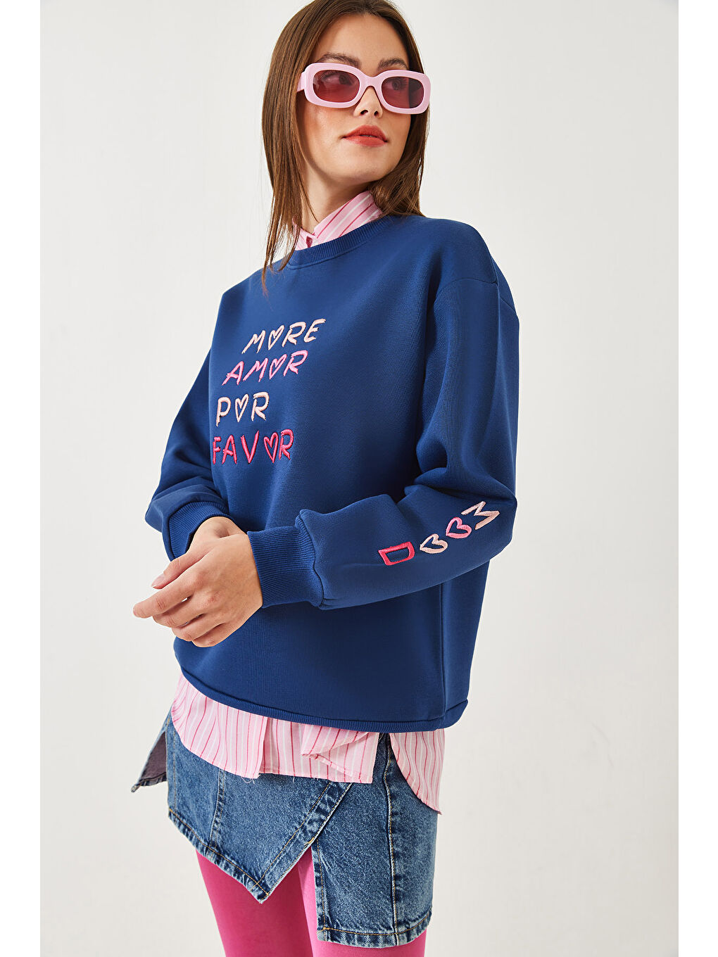 SHADE Lacivert Kadın Kalp ve Yazı Nakışlı Sweatshirt - 2