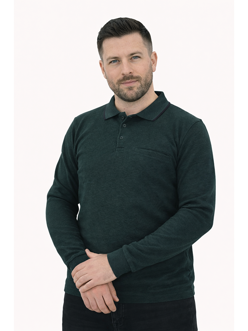 Yeşil Erkek Pamuklu Polo Yaka Manşetli Selanik Kumaş Kaliteli Uzun Kollu