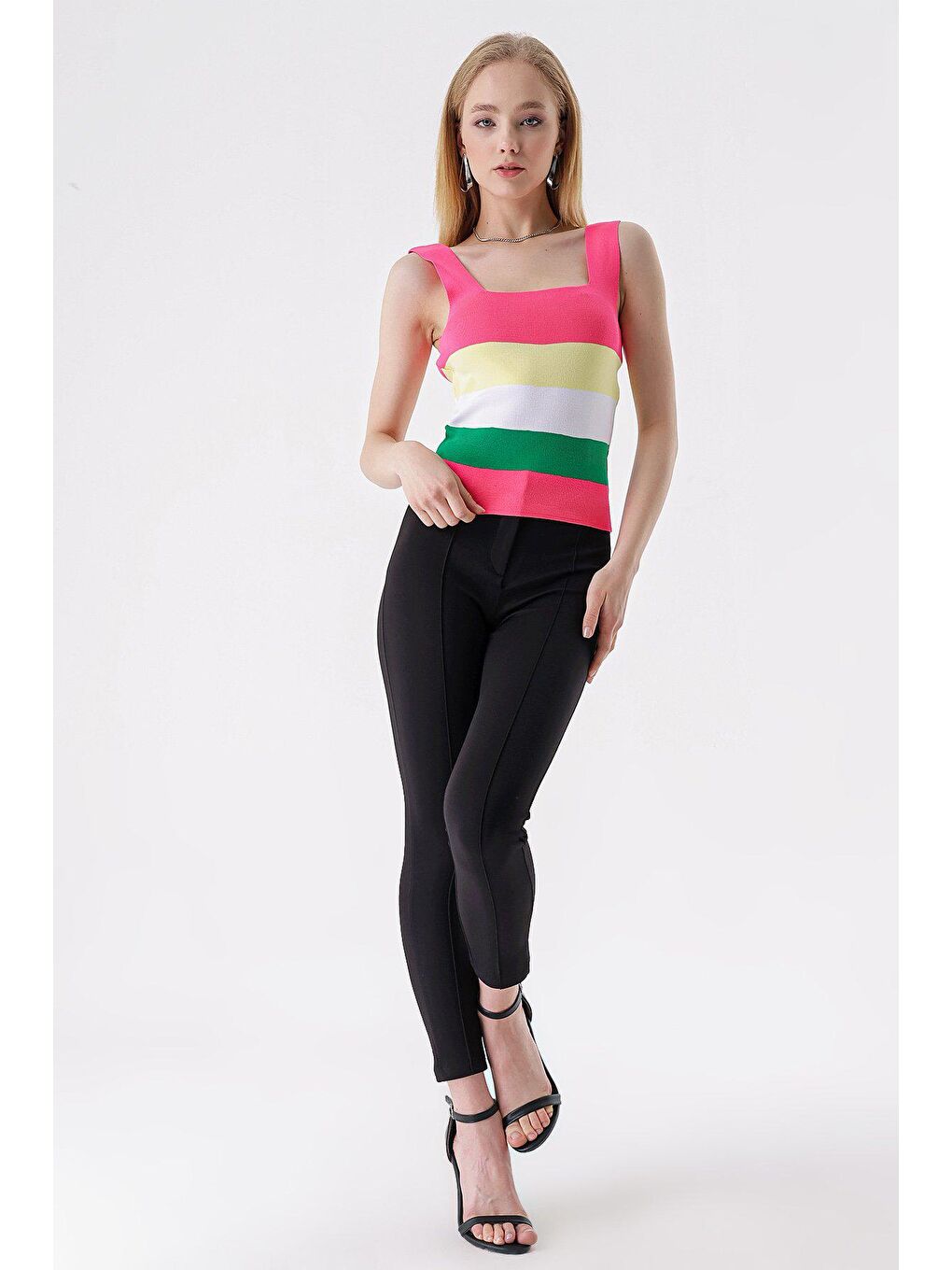 Fuşya Kare Yaka Renkli Çizgili BLUZ-3